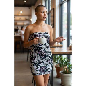 BCBGMAXAZRIA Strapless Floral Print Dress Size 8 Black Multi-Color Ruched Bodyco